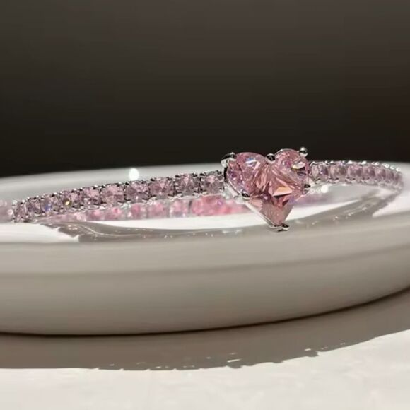 Silver Rhinestone Pink Heart Bangle Bracelet - Picture 5 of 5